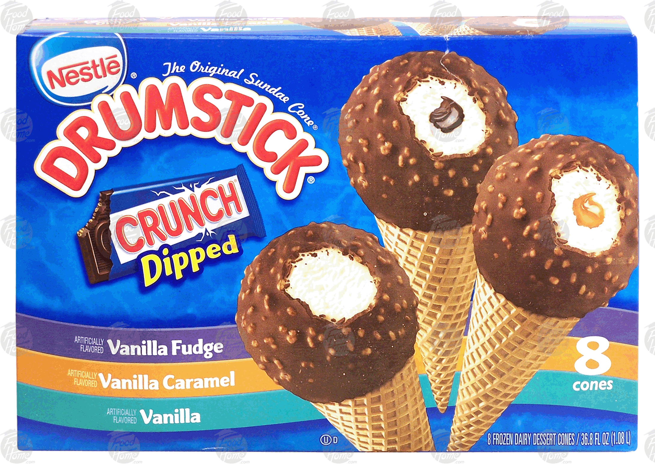 Nestle Drumstick crunch dipped; vanilla fudge, vanilla caramel, and vanilla frozen dairy dessert cones, 8 cones Full-Size Picture